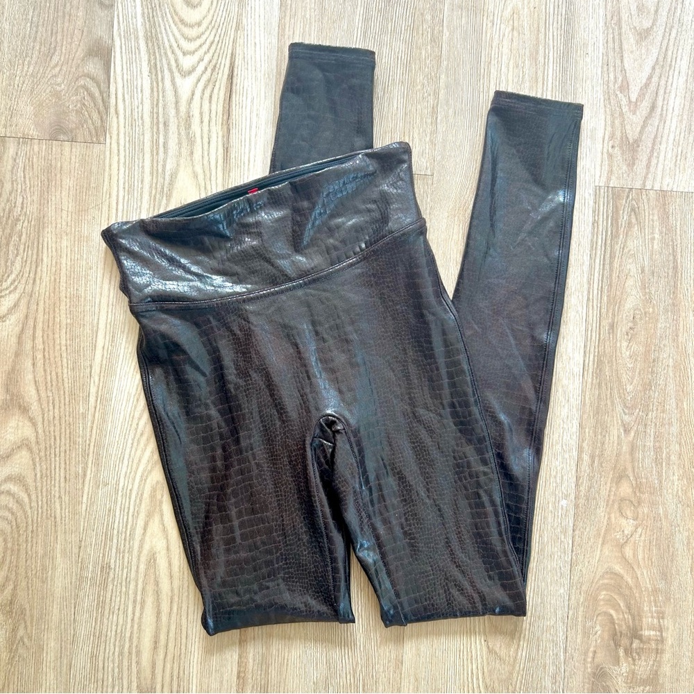 Spanx Brown Snake Faux Leather Leggings Size Small High Rise